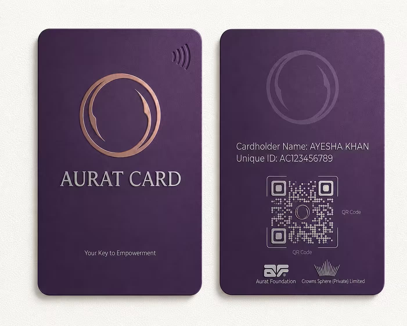 Aurat Card, front and back, with QR code
